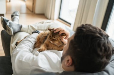 Göğsünde kahverengi kediyle kanepede dinlenen adamın yüksek açılı görüntüsü.