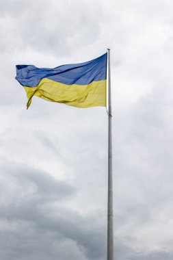 Gri gökyüzüne karşı Ukrayna 'nın ulusal bayrağı
