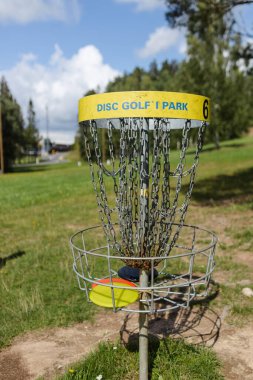 Güneşli bir günde diskli golf sepetinin yakın görüntüsü
