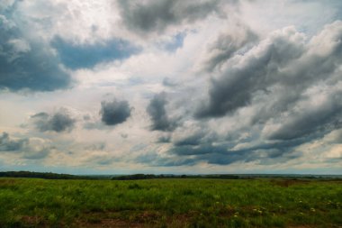 Uzun çayırların üzerinde fırtına bulutlarıyla açık gökyüzü
