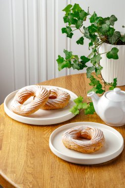 curd custard ring in a cafe with tea