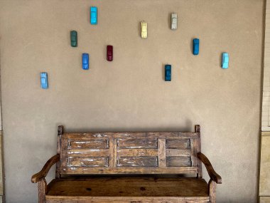 Public bench with art in the arts district, Santa Fe, New Mexico.