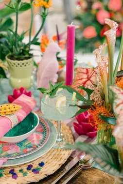 Renkli dekorlu ve kokteyl garnitürlü tropikal masa..