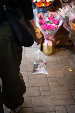 Çiçek pazarında elinde plastik poşetle yürüyen bir kadın.