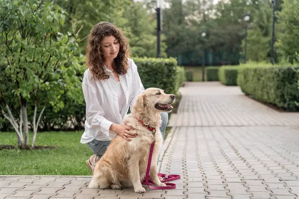 Parkta Golden Retriever 'a sarılan mutlu kadın..