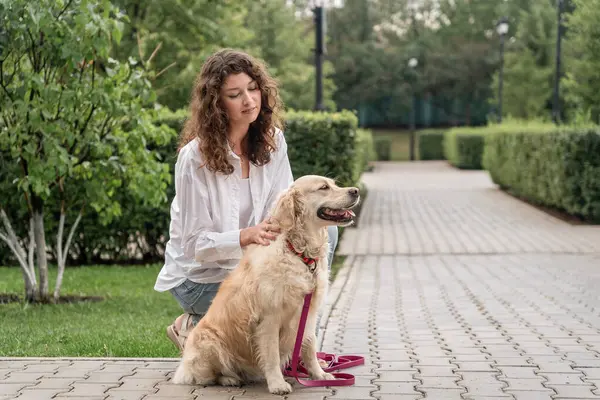 Parkta Golden Retriever 'a sarılan mutlu kadın..