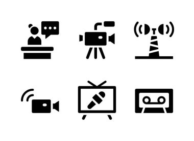 Basit Haber Günlüğü İlgili Vektör Solid Simgeleri kümesi. Haber Sunucusu olarak Simgeleri, Video Kamerayı, Sinyal Kulesini ve daha fazlasını İçerir.