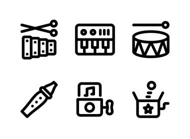 Çocuk Oyuncakları İlgili Vektör Hattı Simgeleri Basit Seti. Simgeleri ksilofon, piyano, davul ve daha fazlası olarak içerir.