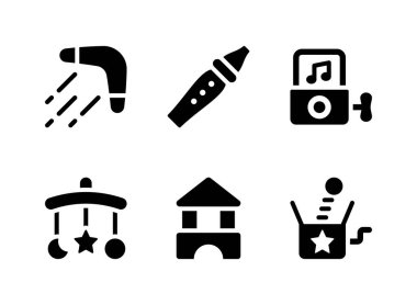 Çocuk Oyuncakları Basit Vektör Katı Simgeleri Seti. Simgeleri bumerang, flüt, müzik kutusu ve daha fazlası olarak içerir.