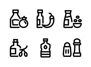 Deneyimli Vektör Çizgisi Simgelerinin Basit Kümesi. Icons as Tomato Ketçap, Chili Sosu, Soya Sosu ve daha fazlasını içerir.