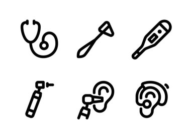 Tıbbi Ekipmanlarla İlgili Basit Vektör Hattı Simgeleri. Simgeleri stetoskop, refleks çekiç, termometre ve daha fazlasını içerir.
