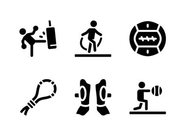 Basit Boks İlişkili Vektör Katı Simgeleri Kümesi. Simgeleri Kick Boks, Atlama İpi, İlaç Balosu ve daha fazlası olarak İçerir.