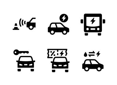 Basit Elektrikli Araç Bağlantılı Katı Simgeler. Otopark Sensörü, Elektrikli Araba, Otobüs ve daha fazlası olarak Simgeleri İçerir.