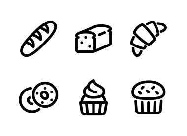 Fırın İlgili Vektör Satırı Simgeleri Basit Kümesi. Simgeleri Baget, Ekmek Ekmeği, Kruvasan ve daha fazlası olarak içerir.