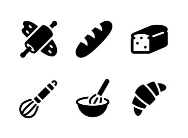 Basit Pastane İlgili Vektör Katı Simgeleri Kümesi. Simgeleri Hamur Tekerleği, Baget, Ekmek Ekmeği ve daha fazlası olarak İçerir.