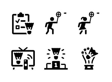 Badminton İlgili Basit Vektör Katı Simgeleri Kümesi. Yapılacaklar Listesi, Badminton Oynatıcı ve daha fazlasını İçerir.