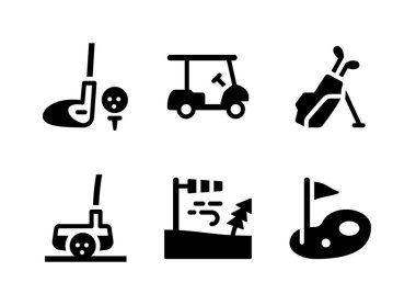 Golf İlgili Basit Vektör Katı Simgeleri Kümesi. Simgeler: Golf Sürücüsü, Golf Arabası, Golf Çantası ve daha fazlası.