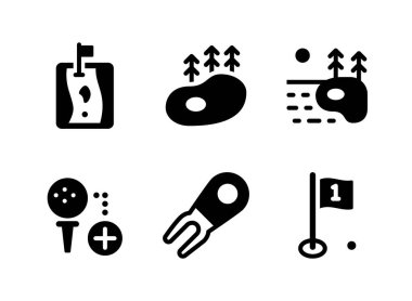 Golf İlgili Basit Vektör Katı Simgeleri Kümesi. Simgeleri Golf Sahası, Golf Sahası, Top İşaretçisi ve daha fazlası olarak içerir.