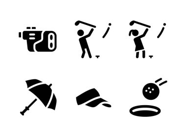 Golf İlgili Basit Vektör Katı Simgeleri Kümesi. Simgeleri Golf Rangefinder, Golf Swing, Şemsiye ve daha fazlası olarak içerir.