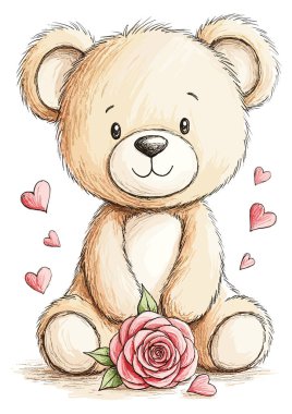 Bir buket pembe güllü oyuncak ayı. suluboya resimleme.