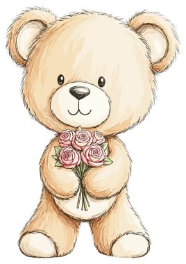 Bir buket gülün içindeki oyuncak ayı.