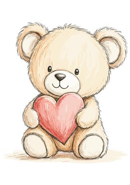 Beyaz arka planda kalbi olan sevimli bir oyuncak ayı. el çizimi resimleme.