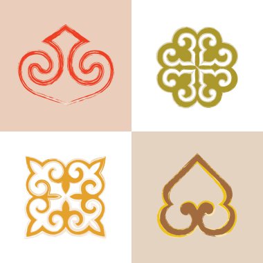 Bir dizi geleneksel Kazak göçebe şablonu elle çizilmiş bir şekil ve sıcak bozkır renk paleti..