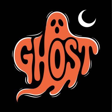 Klasik Cadılar Bayramı hayalet tipografisi, ürkütücü turuncu harfli ay, eski korkunç tişört baskısı tasarımı.