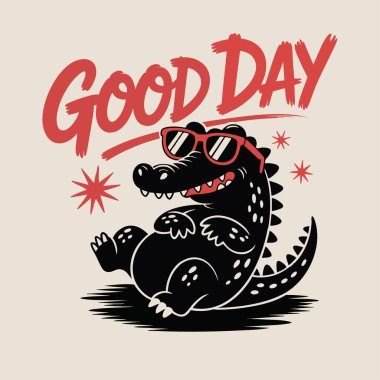 Güneş gözlüklü havalı timsah. Eski tişört tasarımı. İyi günler yazılı.