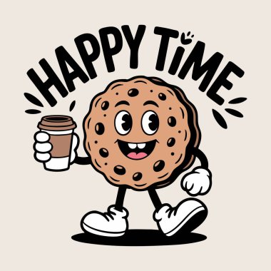 Kahve fincanı eski karikatür tişört tasarımlı sevimli kurabiye karakteri..