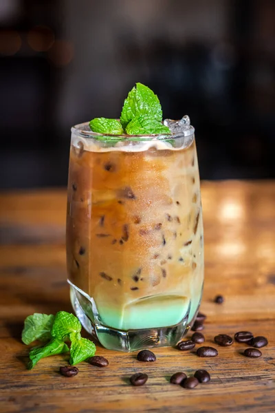 Iced Mint Latte Fresh Mint Topping Wooden Table Stock Photo