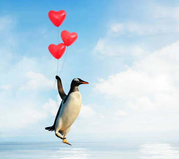 Primer Plano Pingüino Volando Con Globos Rojos Forma Corazón Sobre —  Fotos de Stock