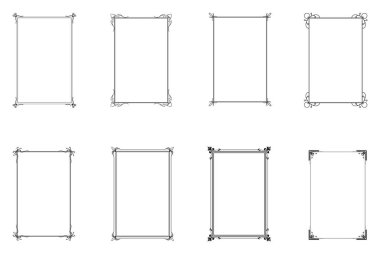 Süslü, kaliteli çerçevelerden oluşan bir demet. Beyaz, klasik el yazısı kıvrımlarında sınır siyahı, çiçek motifleri. Tebrik kartları için tasarım baskısı, düğün davetiyeleri, restoran menüsü, kraliyet sertifikaları. 6. Set