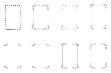 Süslü, kaliteli çerçevelerden oluşan bir demet. Beyaz, klasik el yazısı kıvrımlarında sınır siyahı, çiçek motifleri. Tebrik kartları için tasarım baskısı, düğün davetiyeleri, restoran menüsü, kraliyet sertifikaları. 12. Set