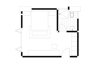 Yatak odası banyolu, iç mimari planlı, beyaz üzerine siyah çizgiler, izole edilmiş. Set 19