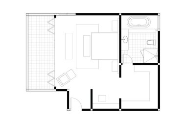 Yatak odası banyolu, iç mimari planlı, beyaz üzerine siyah çizgiler, izole edilmiş. 18. set