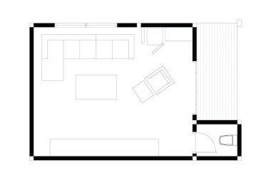 Ev sinema sistemi, iç tasarım planı, beyaz üzerine siyah çizgiler, izole edilmiş. 15. set
