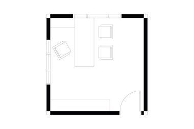 2 boyutlu ofis düzeni, iç tasarım planı, beyaz üzerine siyah çizgiler, izole edilmiş. Set 11