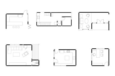İç dizayn mobilyalarının yerleşim planı, beyaz üzerine siyah çizgi, izole edilmiş. 23 'ü ayarla