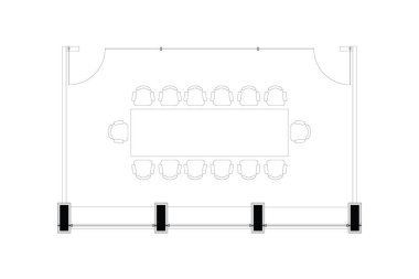 2d meeting room plan of interior design furniture layout, black lines on white, isolated. Set 26 clipart