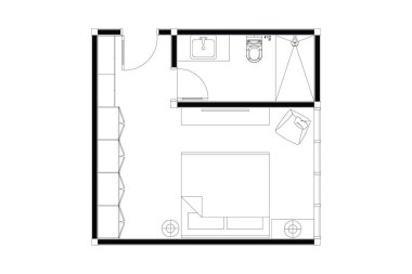 2D yatak odası, banyo planı, iç tasarım mobilya düzeni, beyaz üzerinde siyah çizgiler, izole edilmiş. 40 'ı ayarla