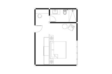 2D yatak odası, banyo planı, iç tasarım mobilya düzeni, beyaz üzerinde siyah çizgiler, izole edilmiş. Set 38