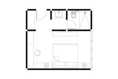 2D yatak odası, banyo planı, iç tasarım mobilya düzeni, beyaz üzerinde siyah çizgiler, izole edilmiş. 37. set