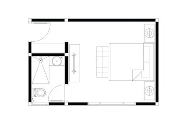 2D yatak odası, banyo planı, iç tasarım mobilya düzeni, beyaz üzerinde siyah çizgiler, izole edilmiş. 36. set