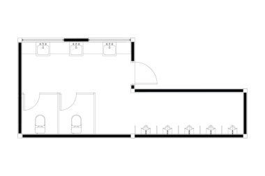 2d umumi tuvalet planı, iç tasarım mobilya düzeni, beyaz üzerine siyah çizgiler, izole edilmiş. 32. set