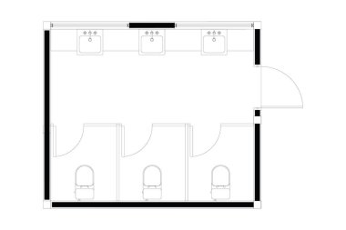 2d umumi tuvalet planı, iç tasarım mobilya düzeni, beyaz üzerine siyah çizgiler, izole edilmiş. Set 31