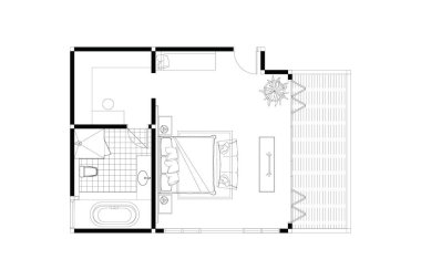 2D yatak odası ve banyo planı. İç tasarım mobilya düzeni, beyaz üzerine siyah çizgiler. 44. set