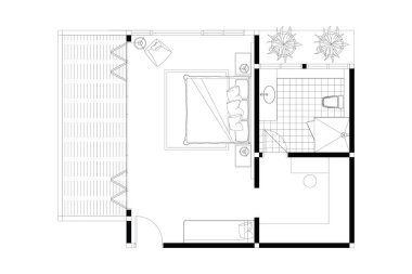 2D yatak odası ve banyo planı. İç tasarım mobilya düzeni, beyaz üzerine siyah çizgiler. 43. set
