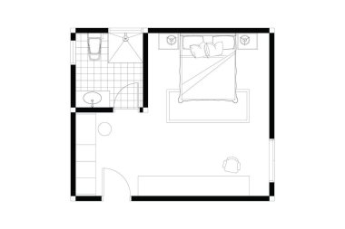 2D yatak odası ve banyo planı. İç tasarım mobilya düzeni, beyaz üzerine siyah çizgiler. 42. set