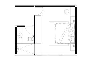 Vector 2d yatak odası, banyo planı, iç tasarım mobilya düzeni, beyaz üzerinde siyah çizgiler, izole edilmiş. 29.